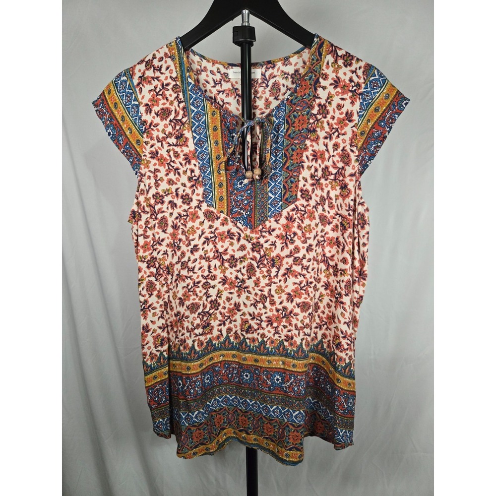 Boho Ditsy Floral Border Print Top Size Medium Flowy V Neck Festival Summer